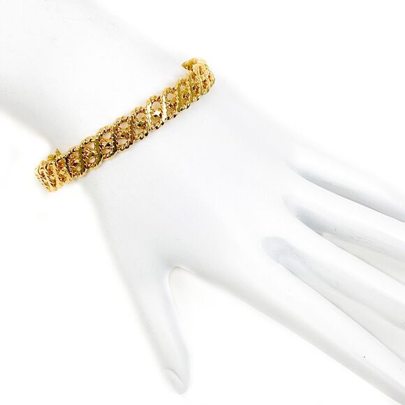 Open Cuff Bracelet Textured Open Work Cut Out Design Shiny Gold Tone Narrow - Picture 3 of 11